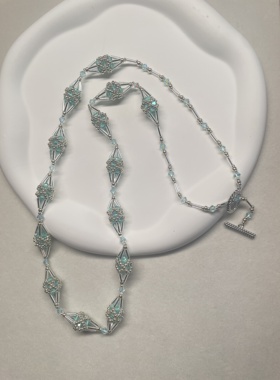 夏日清凉薄荷蓝长款项链手工串珠项链成品闺蜜礼物