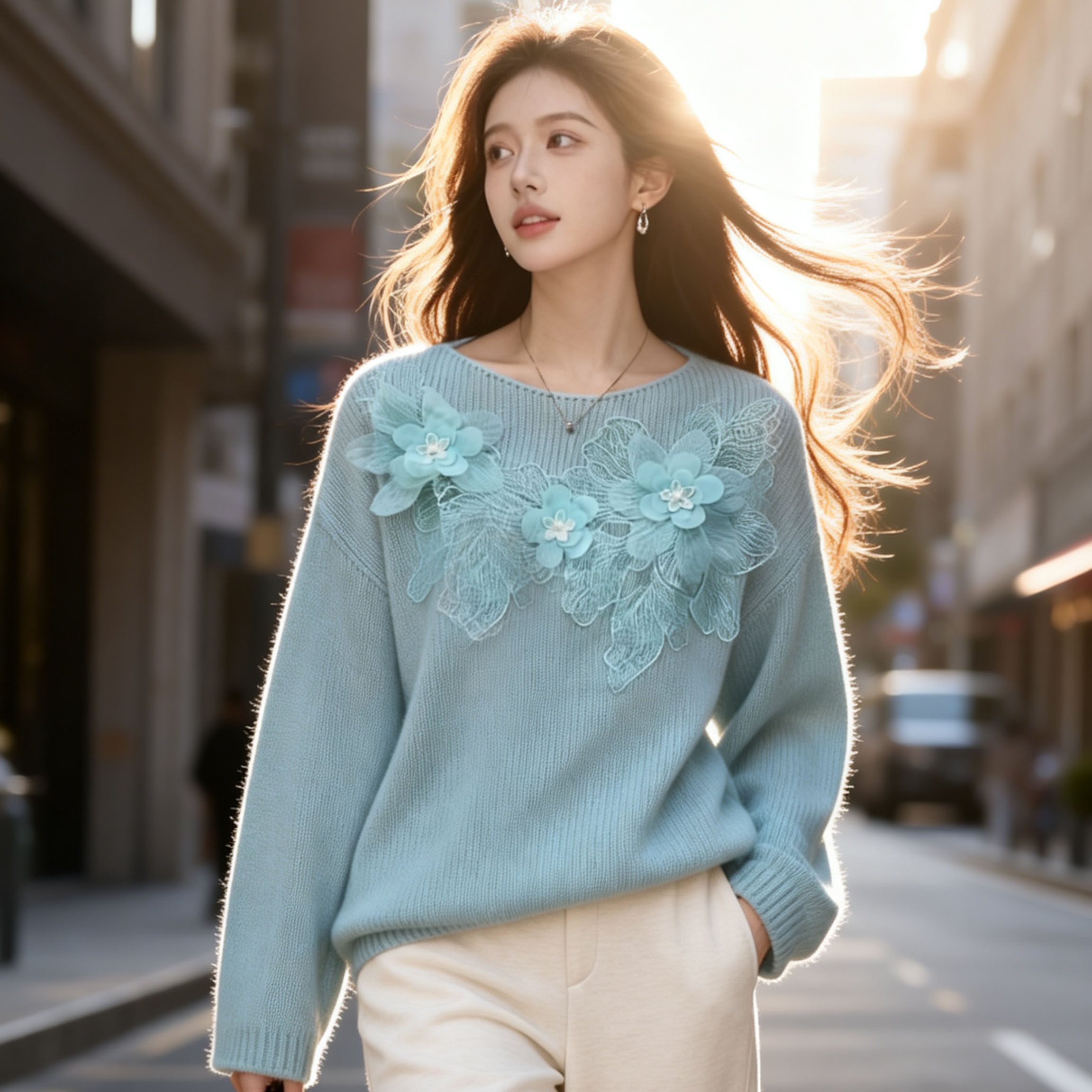 【辉衣阁】法式温柔风蓝色花朵羊毛衫女宽松显瘦套头毛衣单穿内搭,淘宝优惠券,粉丝福利购,淘宝优惠卷
