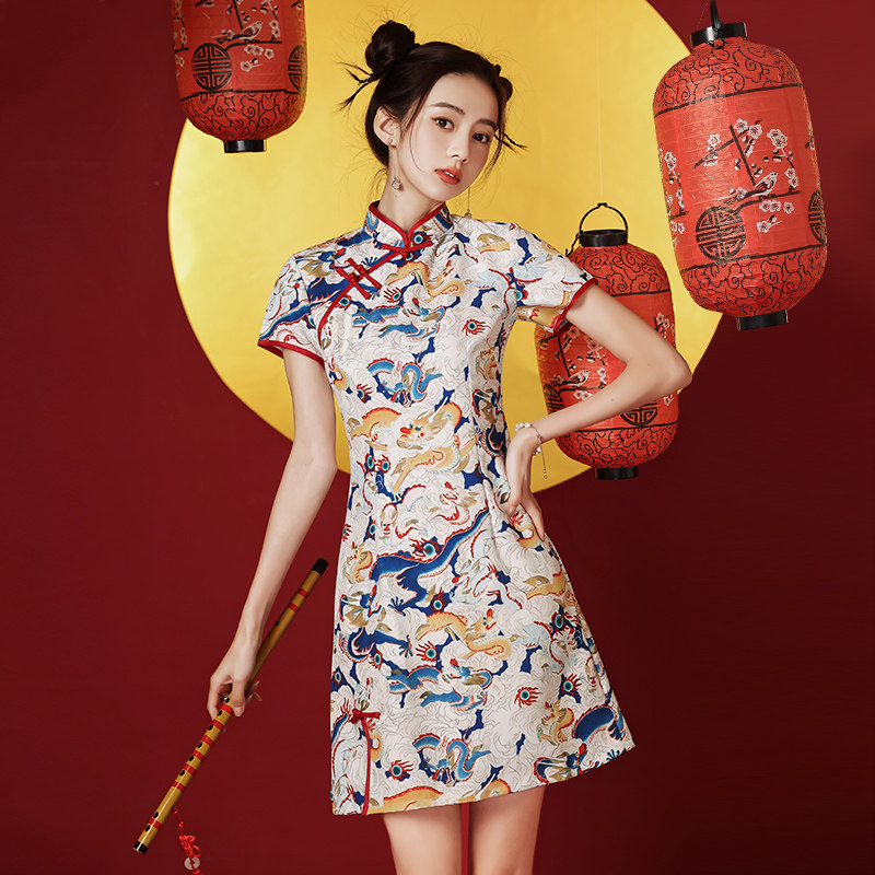 国潮旗袍2022年新款夏季少女连衣裙 颜赋绣旗袍