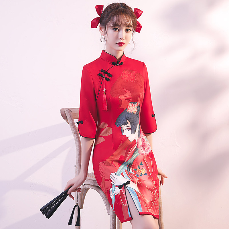 国潮旗袍2021年新款红色改良连衣裙 颜赋绣旗袍