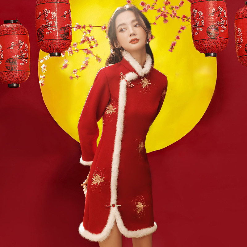 红色冬款加厚绒过年小袄拜年服旗袍 颜赋绣旗袍