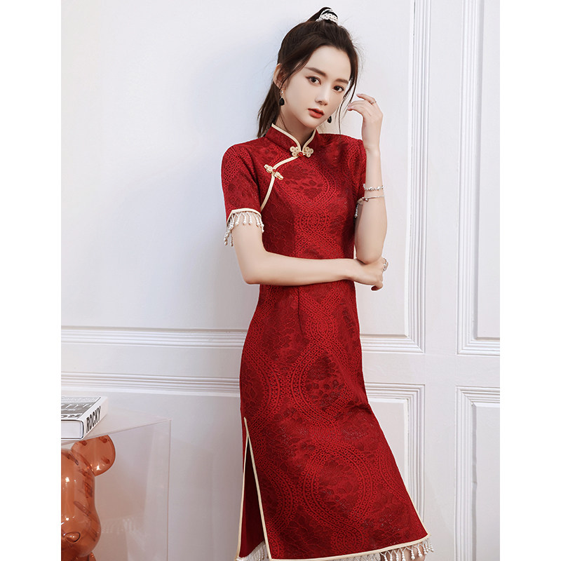 旗袍新娘中式高级感红色蕾丝敬酒服 颜赋绣旗袍