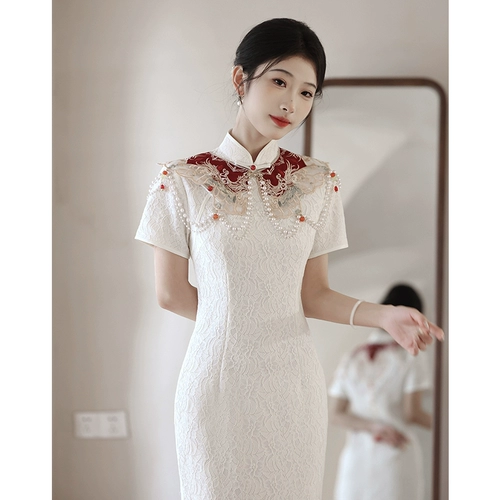 Белое кружевное летнее ципао, свадебное платье, китайский стиль, подходит для подростков