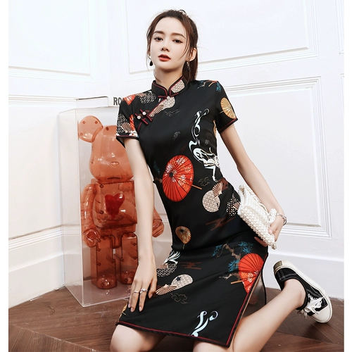 Черное летнее ципао, легкое винтажное платье, 2025 года, светлый стиль, китайский стиль