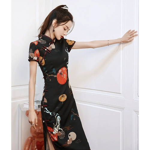 Черное летнее ципао, легкое винтажное платье, 2025 года, светлый стиль, китайский стиль