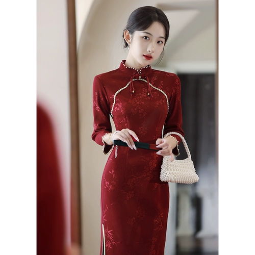 Красное ципао, демисезонное вечернее платье, лонгслив, свадебное платье для невесты, премиум класс, китайский стиль