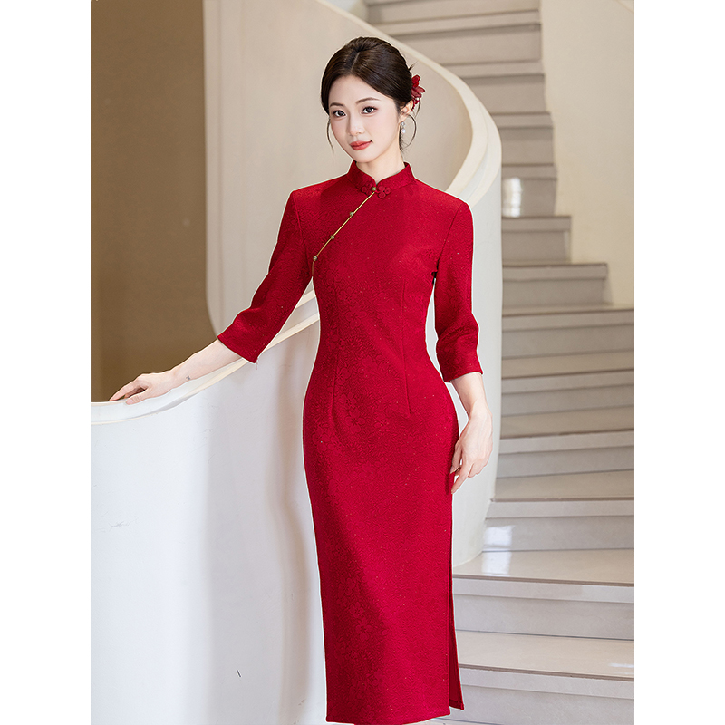 红色旗袍敬酒服新娘秋冬长袖新中式改良年轻款结婚订婚礼服连衣裙 - 图1