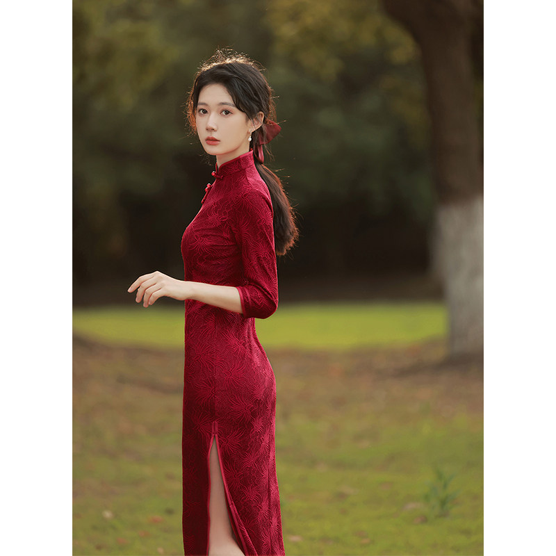 蕾丝旗袍年轻款高端气质冬季敬酒服 颜赋绣旗袍