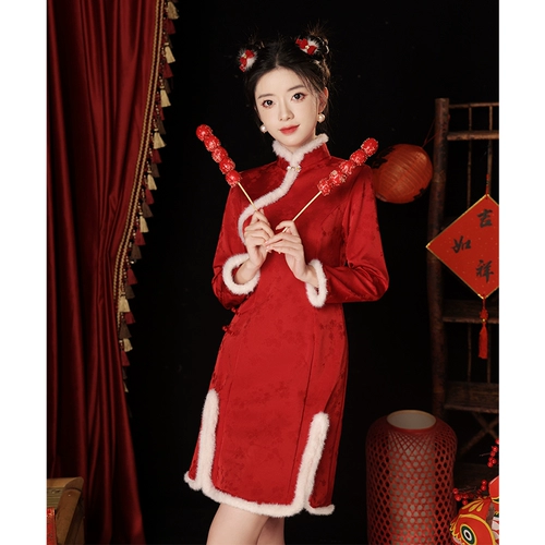 Красное ципао, утепленное летнее праздничнное вечернее платье, подходит для подростков