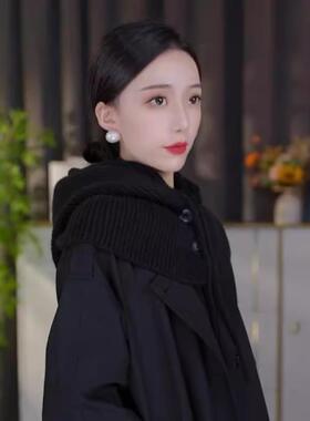 2026秋冬新款纯色纽扣针织帽女围脖一体护颈保暖毛线帽防寒包头帽