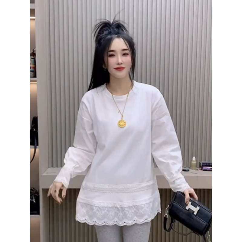 200斤大码镂空蕾丝拼接圆领长袖T恤女2026早春新款宽松打底衫上衣,淘宝优惠券,粉丝福利购,淘宝优惠卷