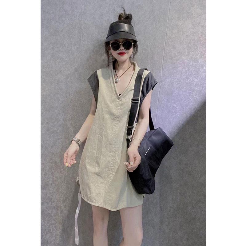 300斤特大码女装新款撞色宽松连衣裙女时尚洋气中长款套头V领潮-图0
