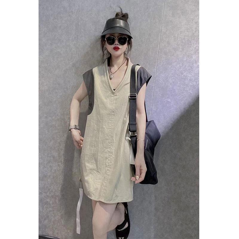 300斤特大码女装新款撞色宽松连衣裙女时尚洋气中长款套头V领潮-图3