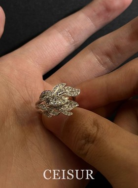 J19开口戒指银叶絮语复古银色闪钻树叶戒指轻奢高级感叠戴指环女