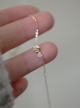 S25精致典雅玫瑰花手链女镀14K黄金细闪玫瑰爱心极细首饰礼物