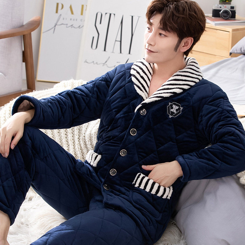 男士冬季加绒三层夹棉珊瑚绒睡衣 芬雪漫香睡衣/家居服套装