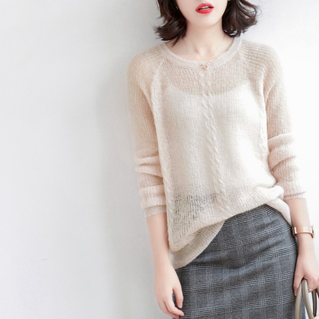 Hollow thin round neck Japanese loose short mohair