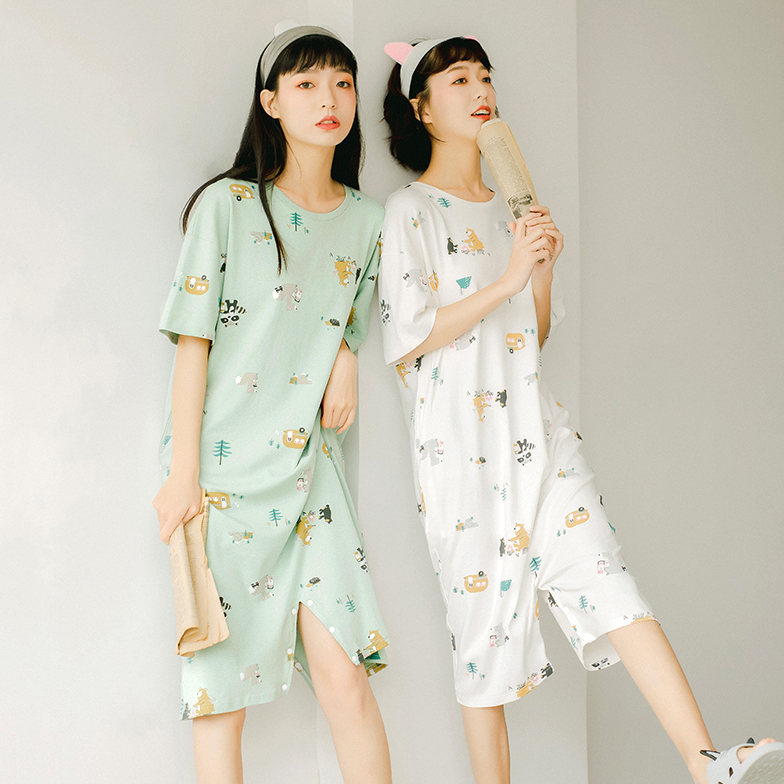 婷谷旗舰店睡裙女夏季薄款纯棉短袖韩版学生可爱连衣裙宽松大码孕妇夏天睡衣0