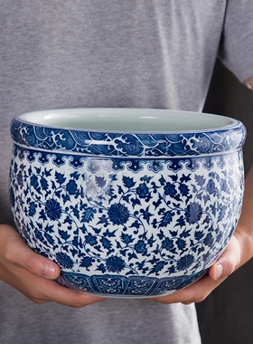 景德镇陶瓷青花瓷鱼缸水培铜钱草