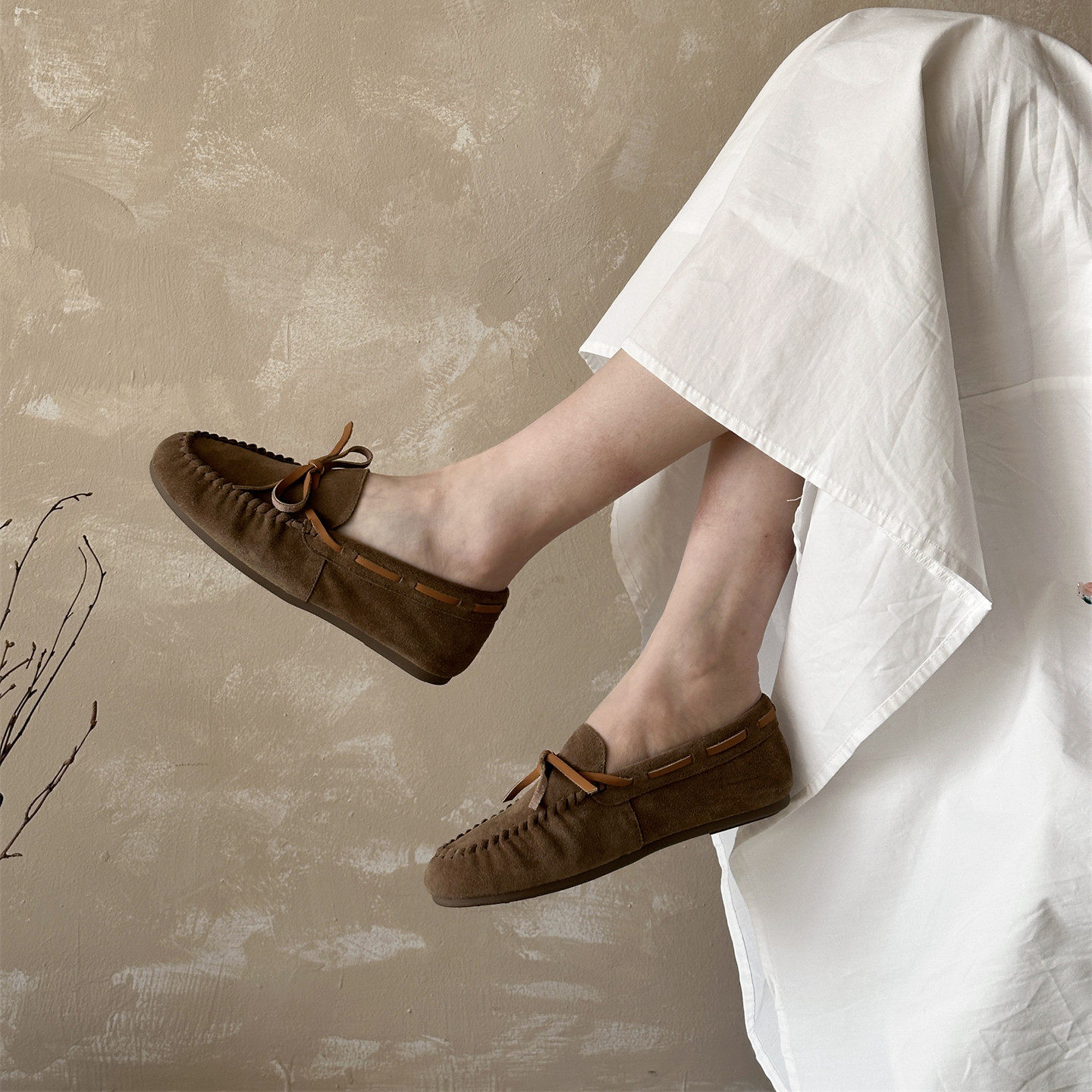 真皮蝴蝶结休闲一脚蹬乐福鞋百搭平底深口单鞋软底磨砂牛皮豆豆鞋,淘宝优惠券,粉丝福利购,淘宝优惠卷