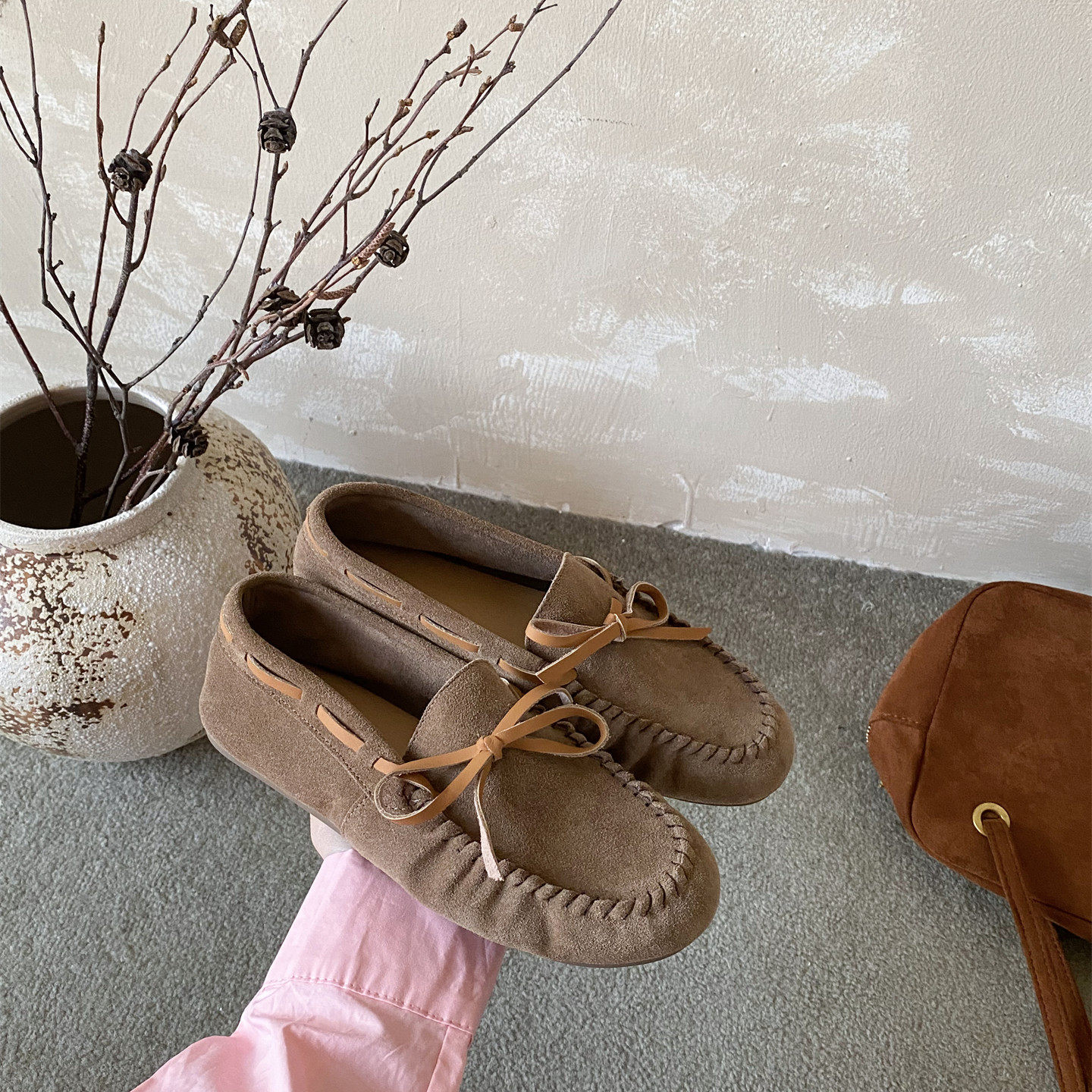 真皮蝴蝶结休闲一脚蹬乐福鞋百搭平底深口单鞋软底磨砂牛皮豆豆鞋,淘宝优惠券,粉丝福利购,淘宝优惠卷