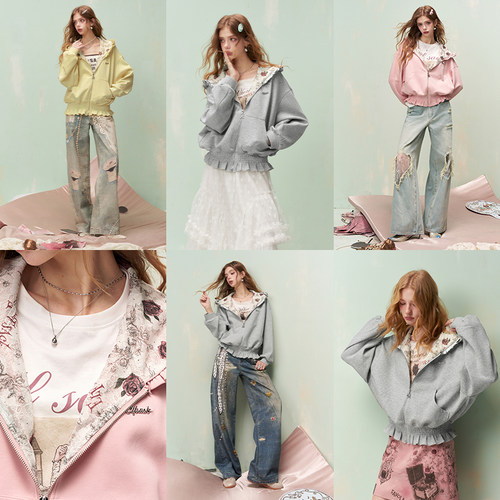 妖精的口袋蕾丝拼接连帽卫衣外套女2026春季新款玫瑰印花甜美上衣 - 图1