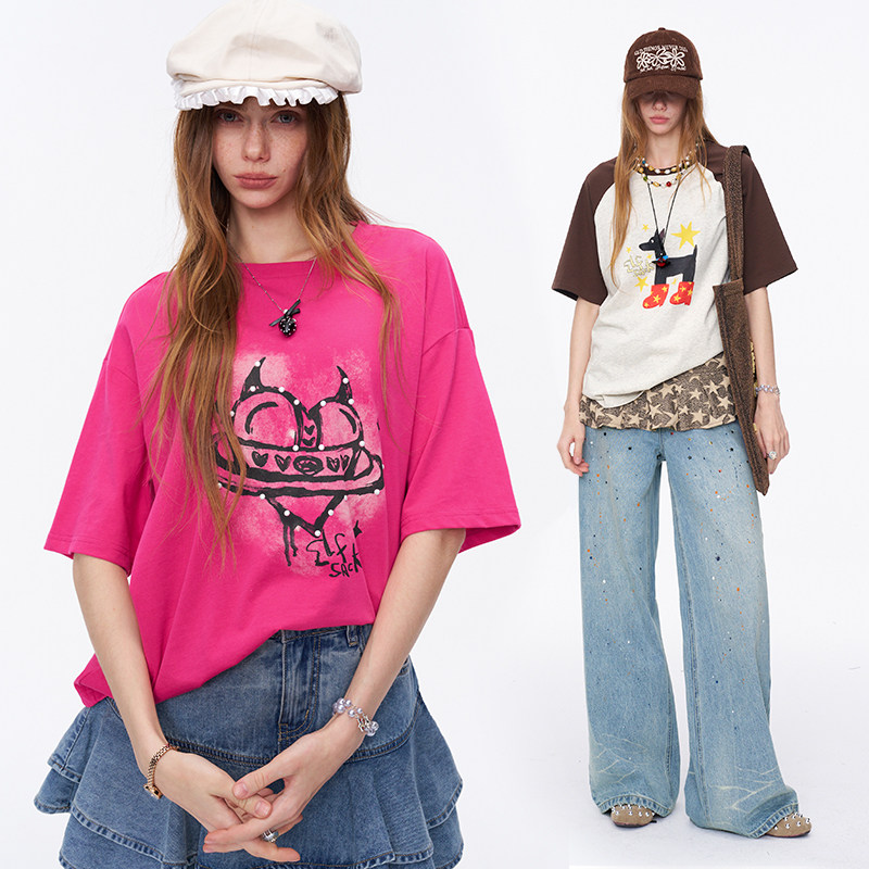 妖精的口袋印花插肩修身短袖t恤女2026夏新款宽松显瘦设计感上衣