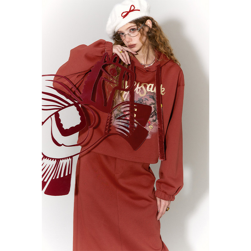 妖精的口袋红色卫衣半身裙两件套装女2026年冬季新款休闲新年战袍,淘宝优惠券,粉丝福利购,淘宝优惠卷