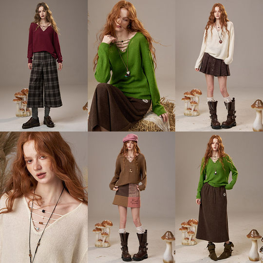 妖精的口袋v领慵懒风圣诞毛衣女25秋冬新款宽松显瘦高级感绵羊毛