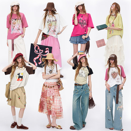 妖精的口袋印花插肩修身短袖t恤女2026夏新款宽松显瘦设计感上衣