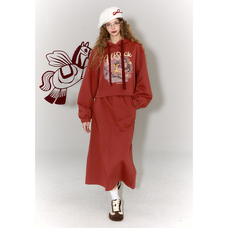 妖精的口袋红色卫衣半身裙两件套装女2026年冬季新款休闲新年战袍,淘宝优惠券,粉丝福利购,淘宝优惠卷