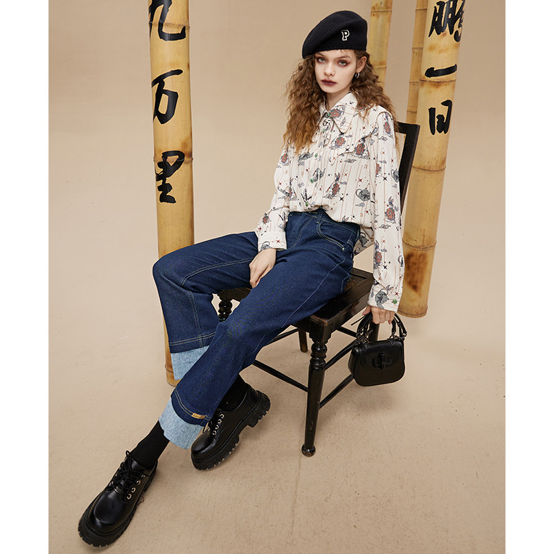 妖精的口袋复古拼接直筒牛仔裤女2025年冬季新款宽松显瘦休闲裤子,淘宝优惠券,粉丝福利购,淘宝优惠卷