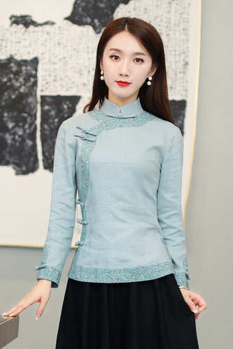 筠雅唐装中国风女装春秋款长袖旗袍式上衣时尚盘扣茶服中式女装 - 图2