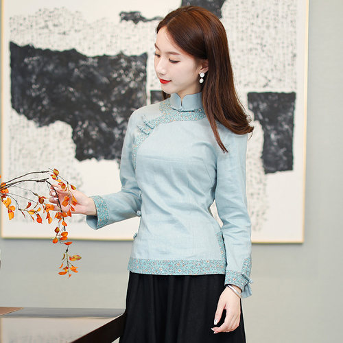 筠雅唐装中国风女装春秋款长袖旗袍式上衣时尚盘扣茶服中式女装 - 图1