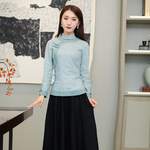 筠雅唐装中国风女装春秋款长袖旗袍式上衣时尚盘扣茶服中式女装 - 图0