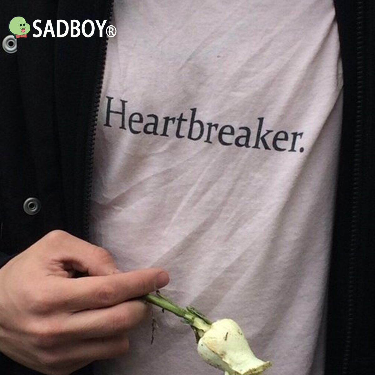 sadboy心碎Heartbreaker印花圆领打底衫ins休闲潮宽松长袖白色T恤 - 图0