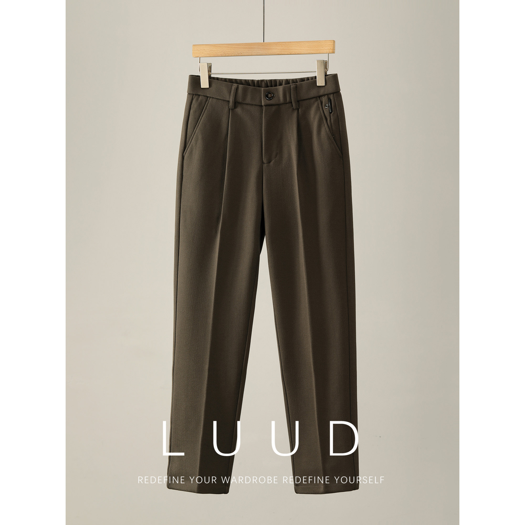 LUUD 时尚通勤半松紧腰毛呢休闲长裤男冬亲肤内里磨毛小直筒西裤,淘宝优惠券,粉丝福利购,淘宝优惠卷