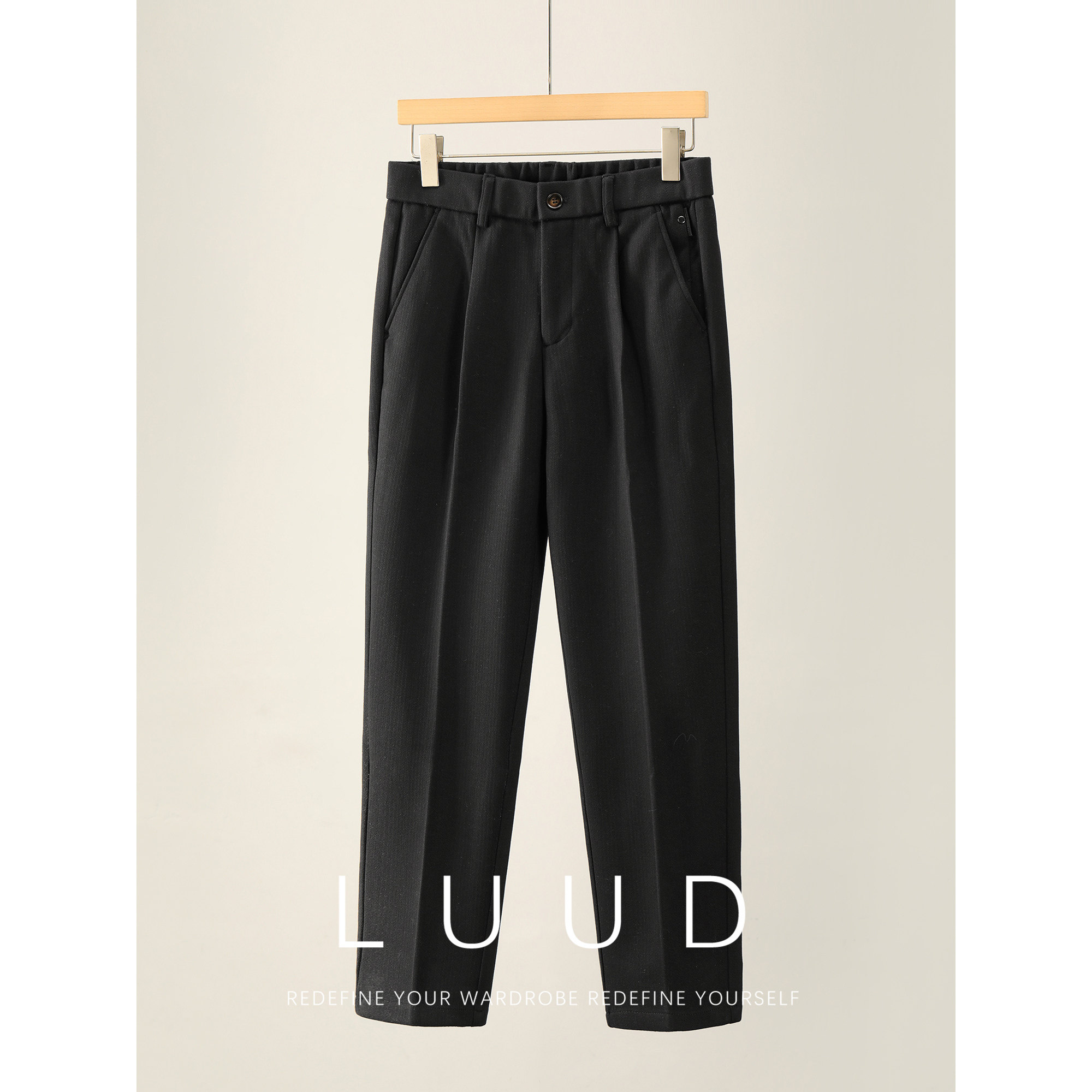 LUUD 时尚通勤半松紧腰毛呢休闲长裤男冬亲肤内里磨毛小直筒西裤,淘宝优惠券,粉丝福利购,淘宝优惠卷