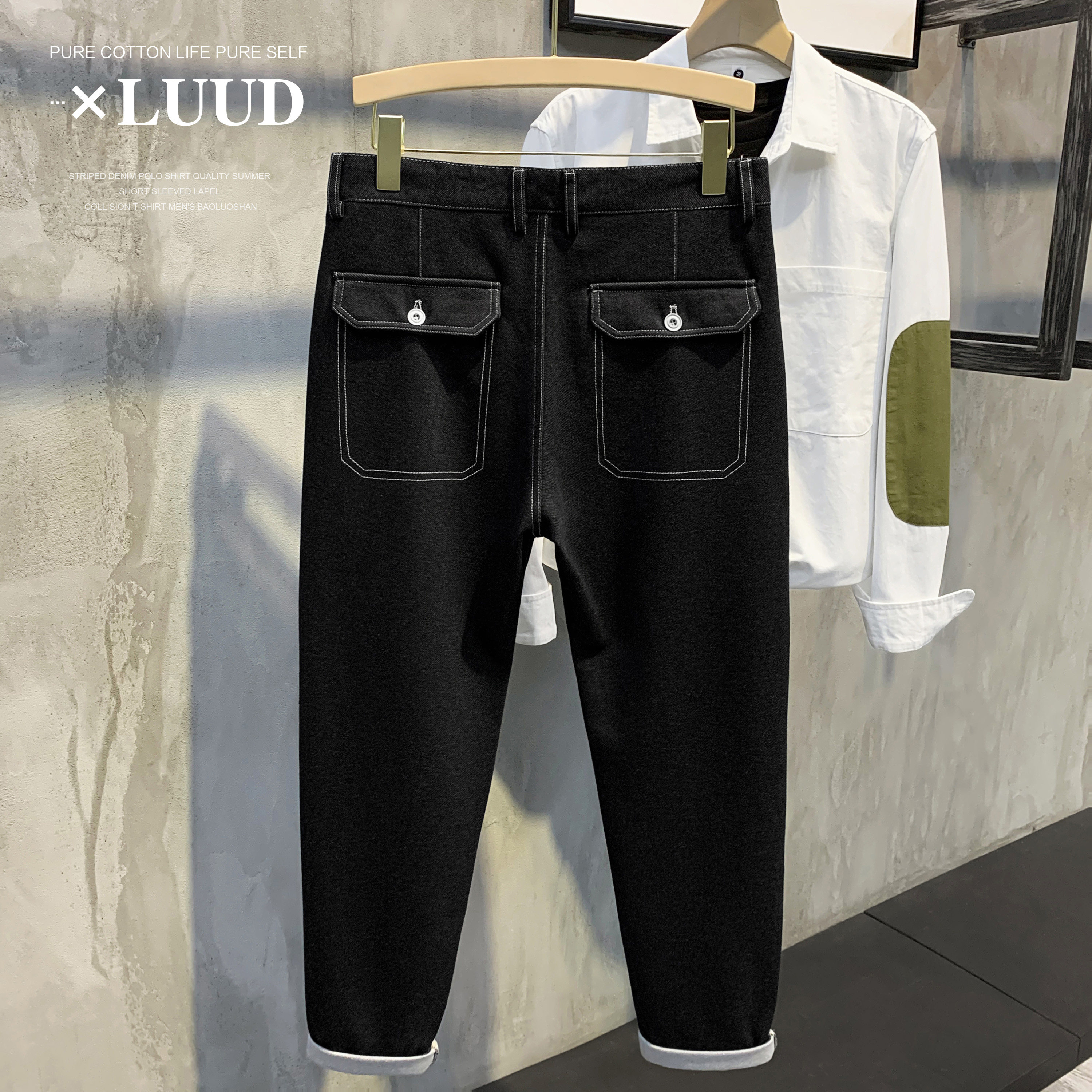 LUUD 秋冬经典蓝色牛仔裤痞帅潮牌百搭哈伦裤复古磨毛男士休闲裤,淘宝优惠券,粉丝福利购,淘宝优惠卷