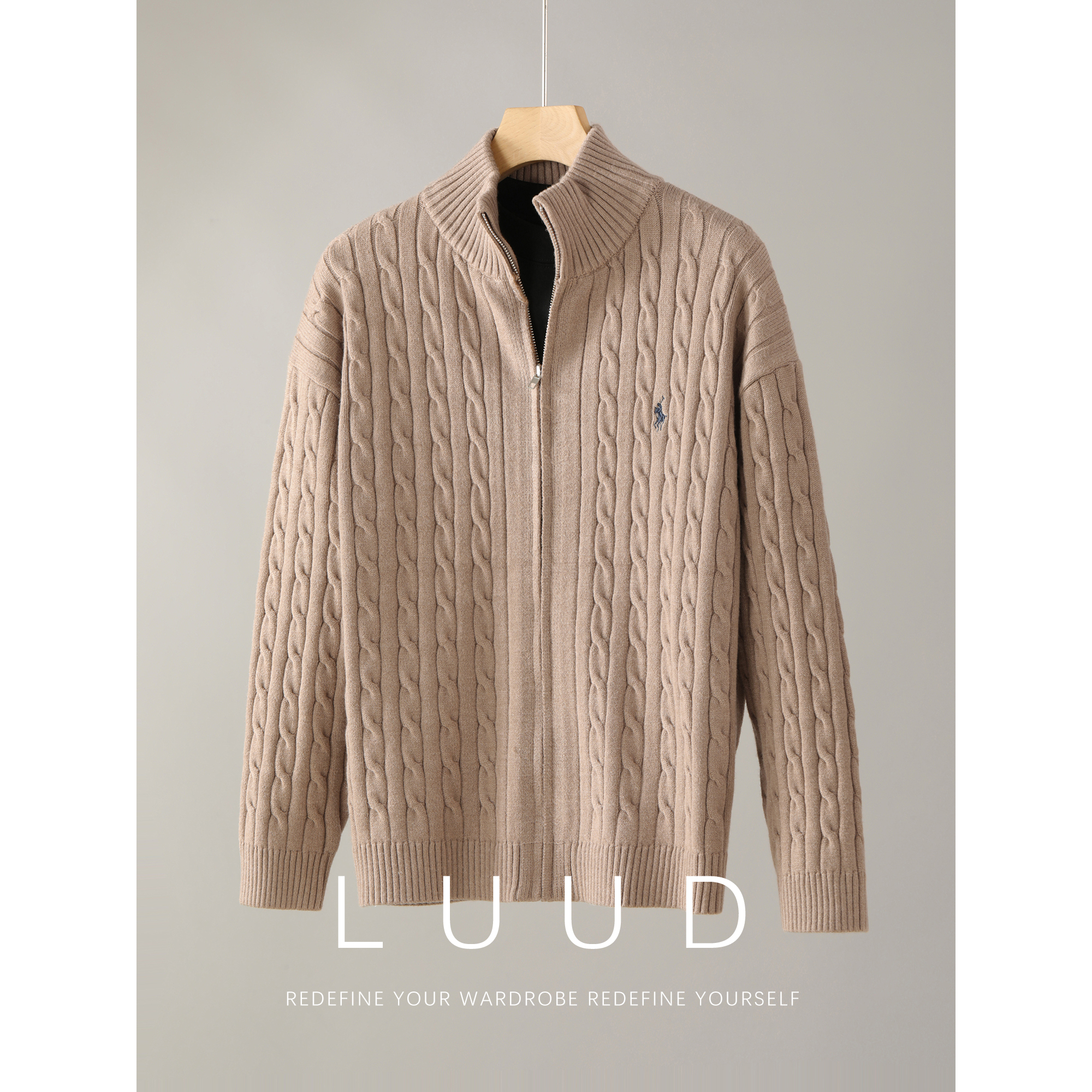 LUUD 老钱风麻花肌理感男士针织开衫秋冬季高领莫代尔包芯纱外套 - 图2