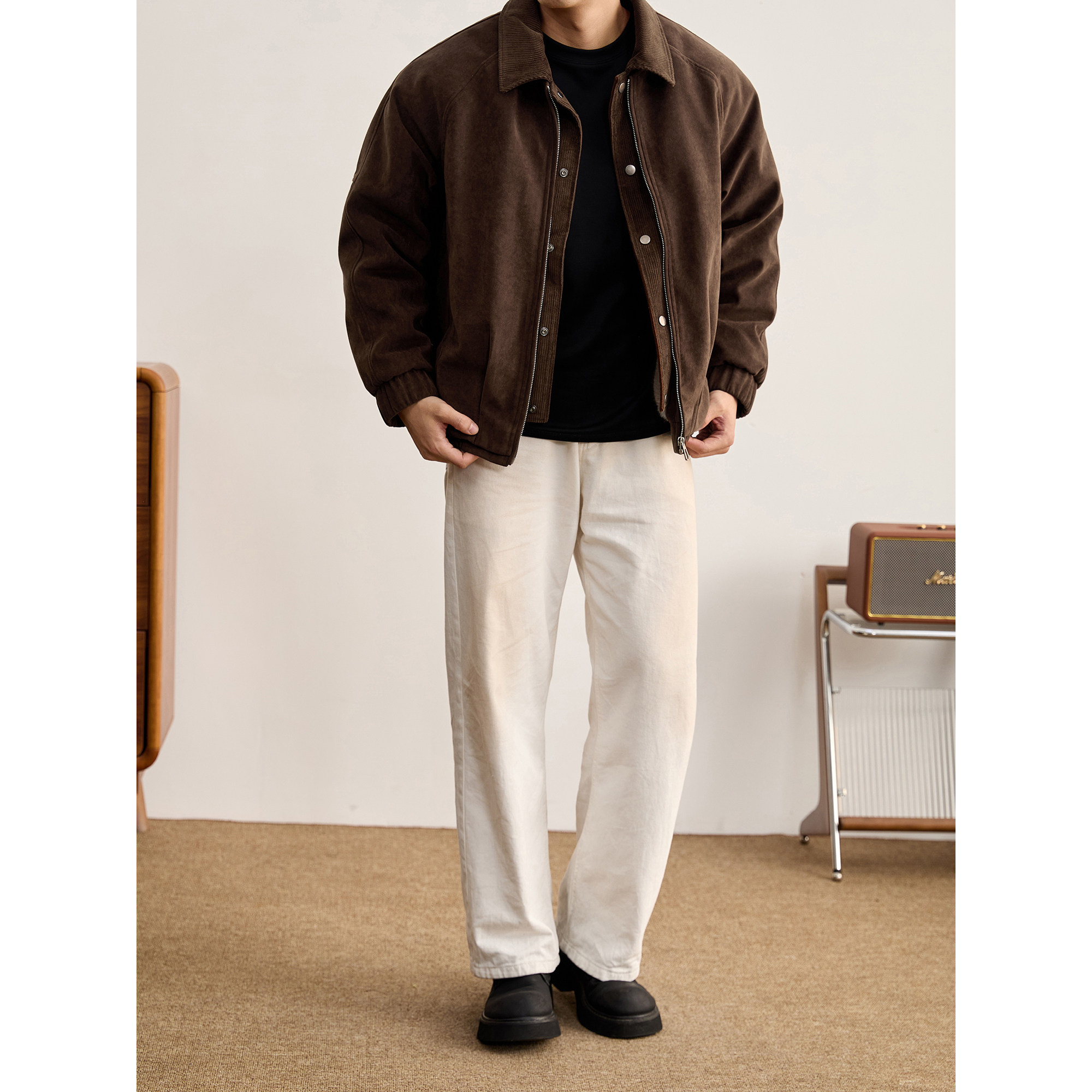 LUUD 假两件灯芯绒拼接麂皮绒翻领夹克男秋冬内里加绒双门襟外套,淘宝优惠券,粉丝福利购,淘宝优惠卷