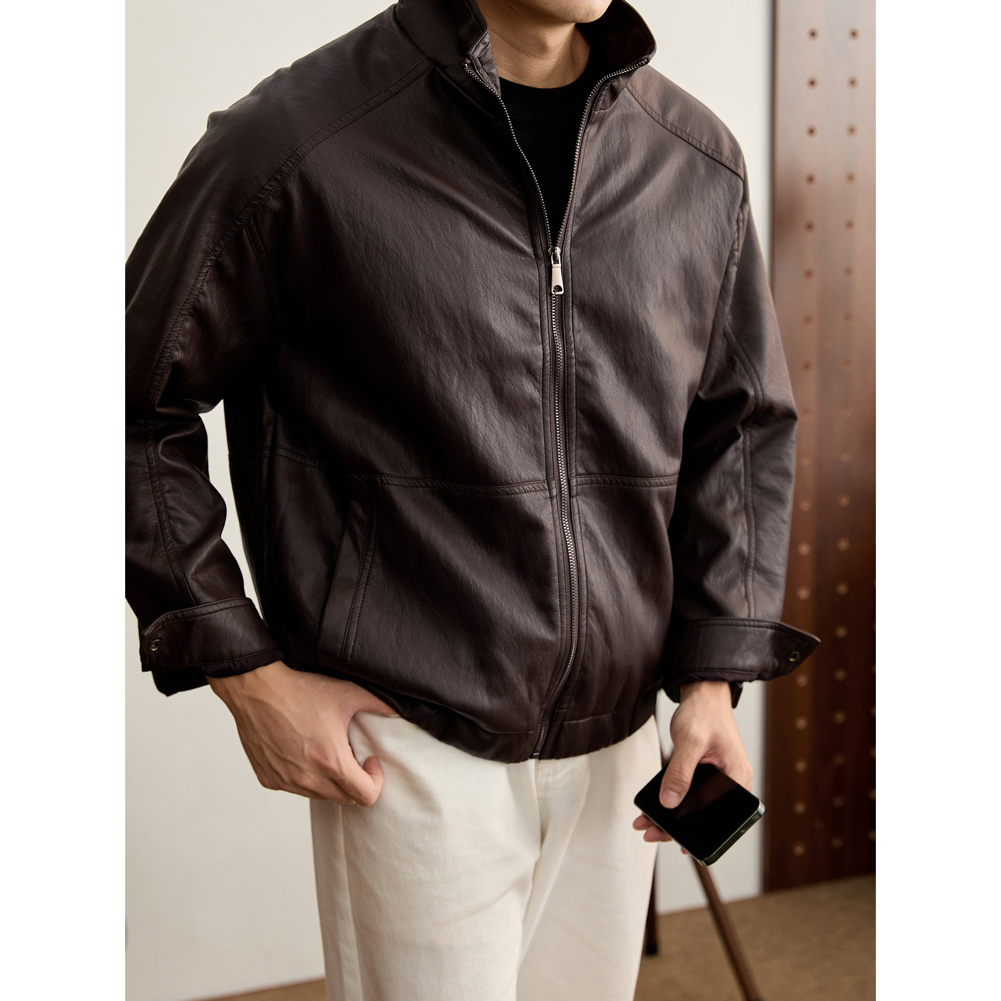 LUUD 美拉德短款廓形立领皮衣外套男士冬季痞帅亮面PU皮机车夹克,淘宝优惠券,粉丝福利购,淘宝优惠卷