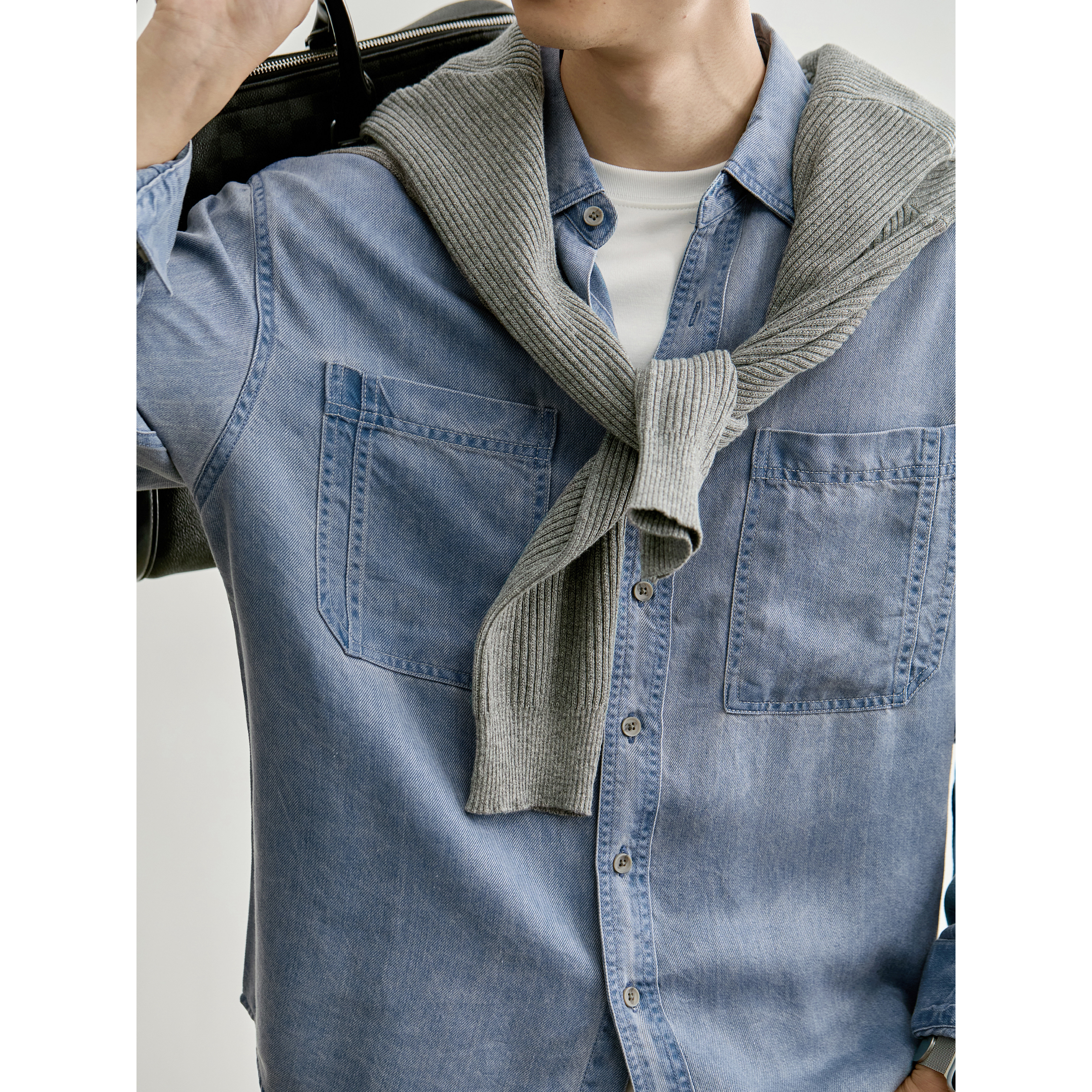 LUUD retro denim style loose long-sleeved shirt 100% Tencel Lyocell double patch pocket men's denim jacket