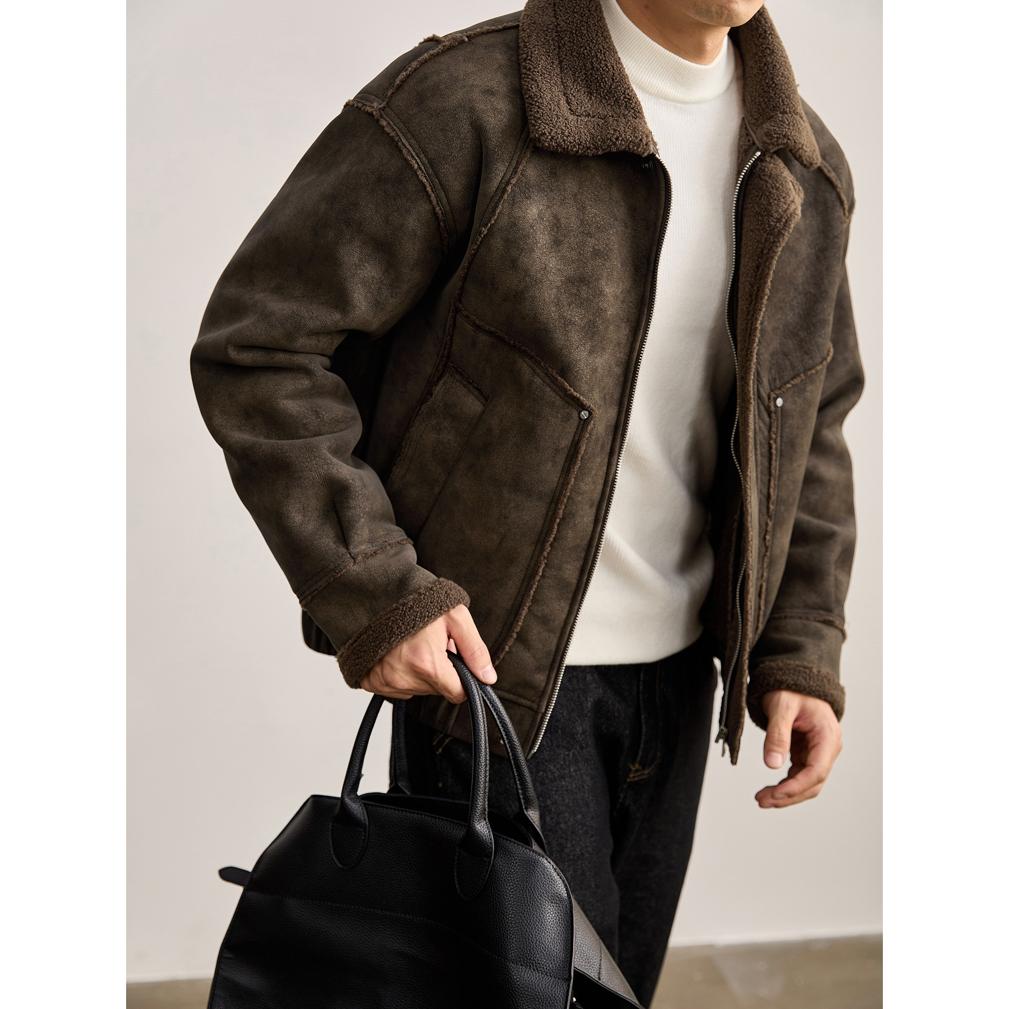 LUUD 做旧磨砂质感保暖皮衣外套街头风皮毛一体羊羔绒拼接夹克男,淘宝优惠券,粉丝福利购,淘宝优惠卷