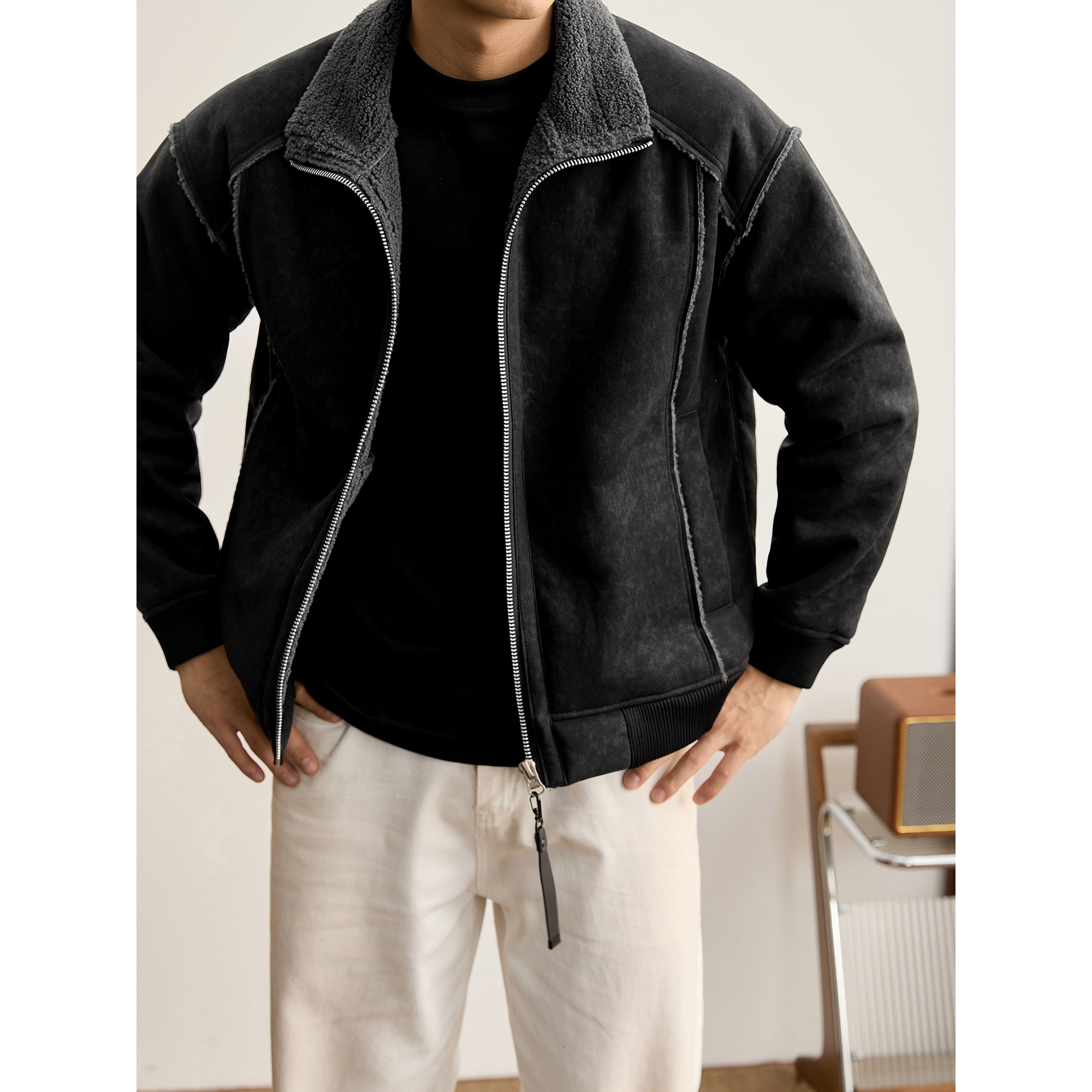 特价 重磅皮毛一体麂皮绒外套男士切割拼接加厚保暖羊羔绒短夹克,淘宝优惠券,粉丝福利购,淘宝优惠卷