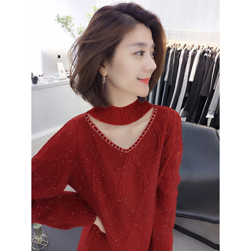 高级感法式v领红色针织直筒连衣裙 bobowaltz连衣裙