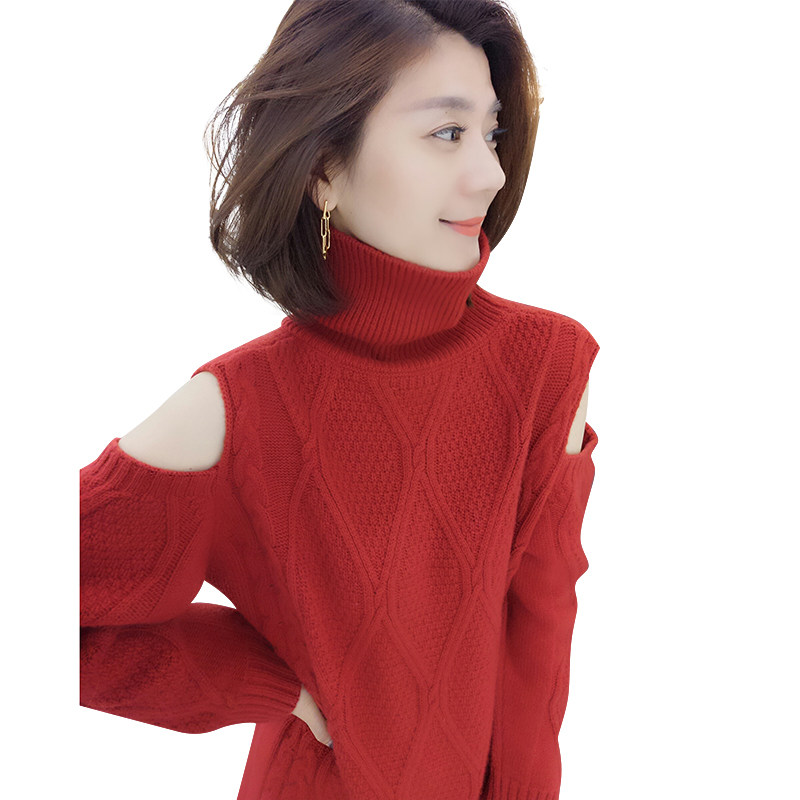 车厘子红露肩高领气质ins连衣裙 bobowaltz连衣裙