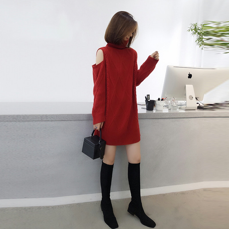 车厘子红露肩高领气质ins连衣裙 bobowaltz连衣裙