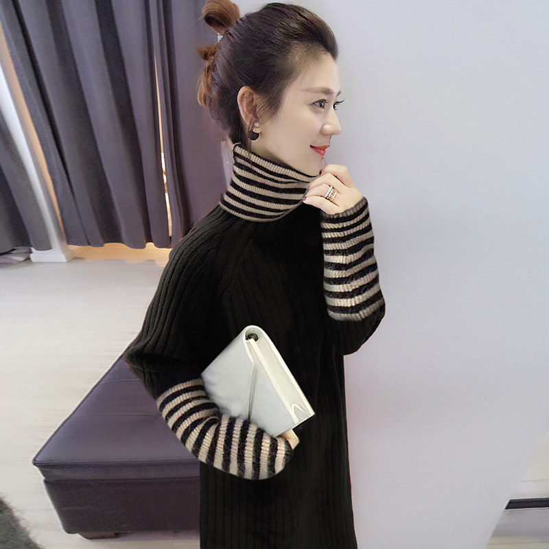 休闲条纹高领中长款慵懒毛衣连衣裙 bobowaltz连衣裙