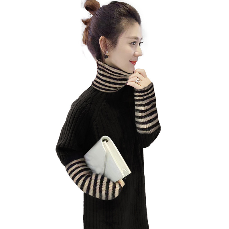 休闲条纹高领中长款慵懒毛衣连衣裙 bobowaltz连衣裙